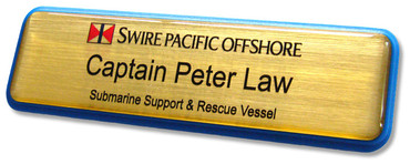A blue border prestige name badge brushed design with gold background